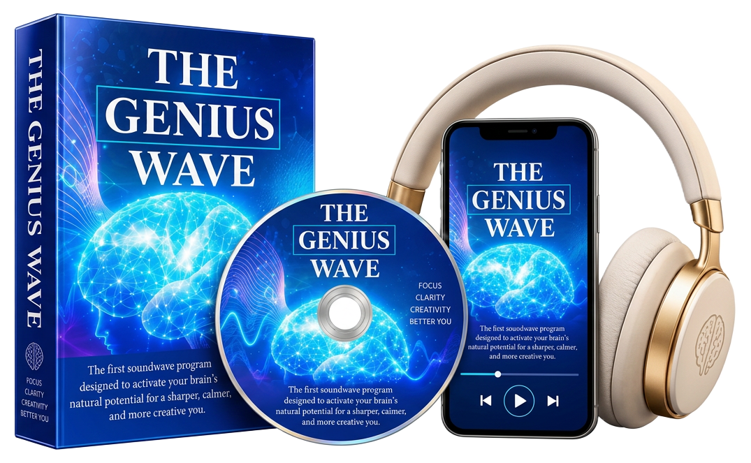 Genius Brain Wave digital audio program shown with headphones, phone, disc, and product box